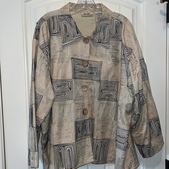 Y2K oversized linen neutral embroidered geometric button down shirt jacket sz 3X - Picture 1 of 11